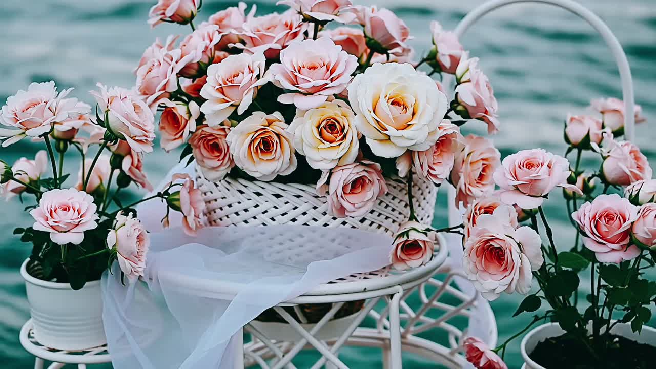 Delicate Pink Roses in a White Basket