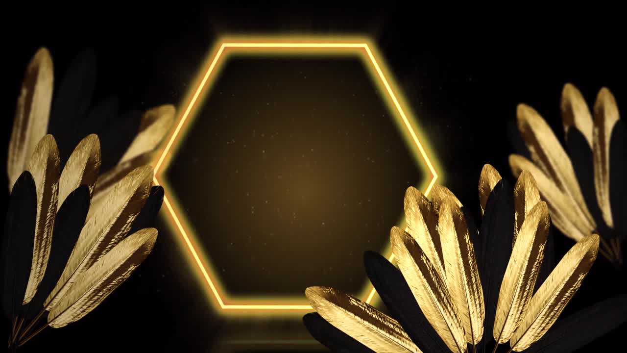갈색 바탕에 노란색 네온 육각형으로 황금색 열대 잎의 애니메이션