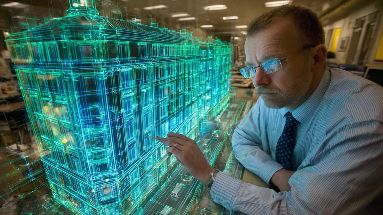 A Professional Analyzes a 3D Holographic Model of a Building, Showcasing Advanced Technology in Architecture and Virtual Reality Visualization Techniques