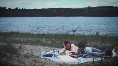 4k mom, son and dog having picnic