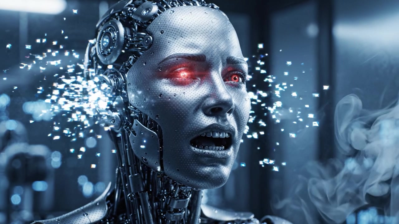 Un androide futuristico in crisi: Una manifestazione emotiva di un robot ad alta tecnologia alle prese con la sua identità e umanità in un ambiente fantascientifico