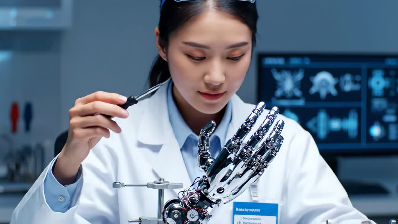 หญิงเอเชียกำลังทำงานกับมือหุ่นยนต์ในห้องปฏิบัติการ