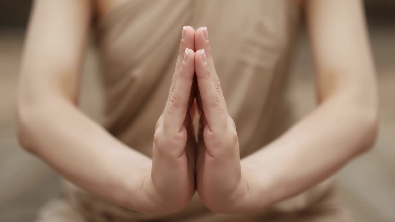 Kvinna i Anjali mudra som börjar meditera i en studio, underarmarna syns, beigerobe