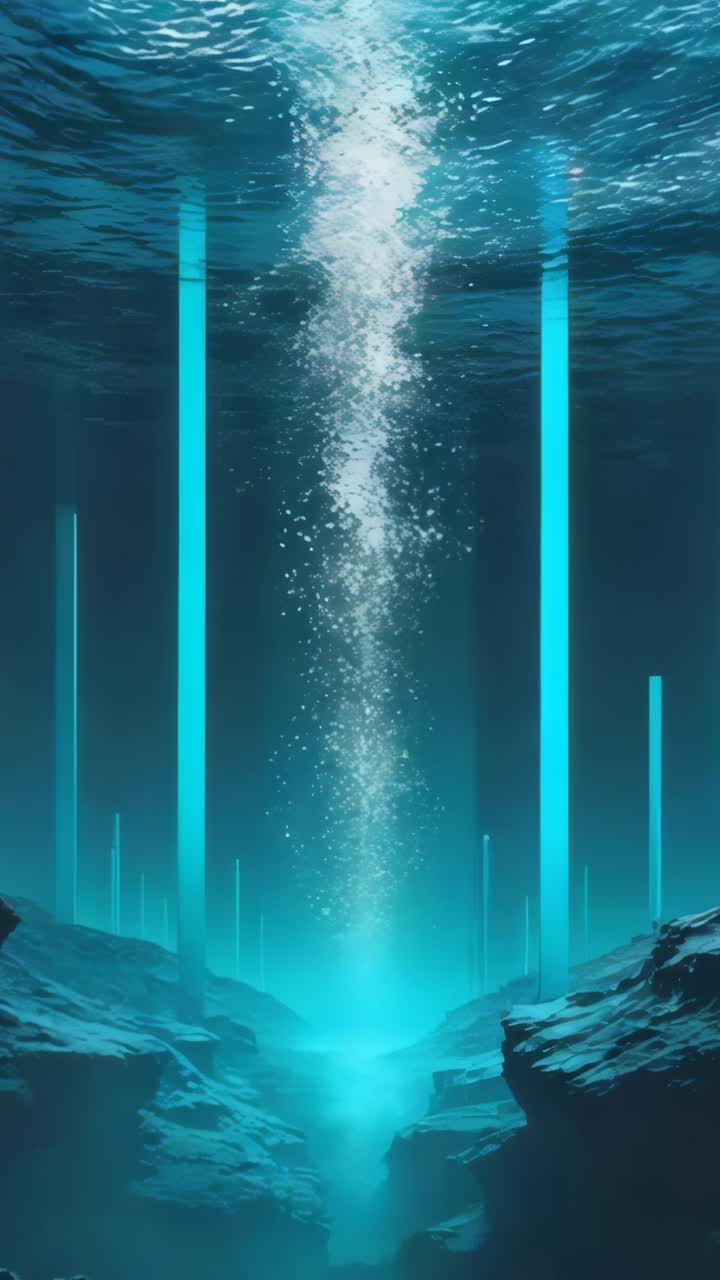 Vertical video: Fissure glow intensifying, bubble plume rising in sea canyon, neon pillars pulsing