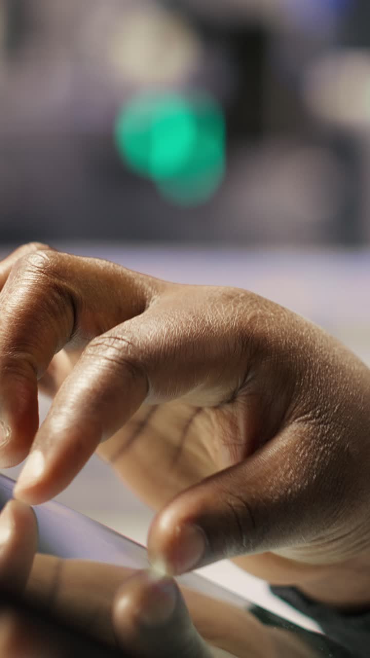 Vertical video Close up of engineer in industry 4.0 plant designing robotic production lines