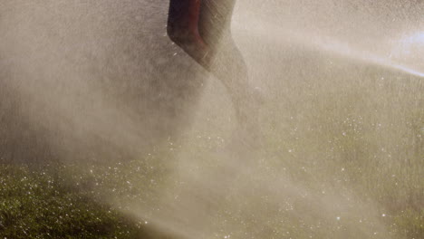 legs of a young woman running on the lawn under streams of water. youth and health concept. slow motion video