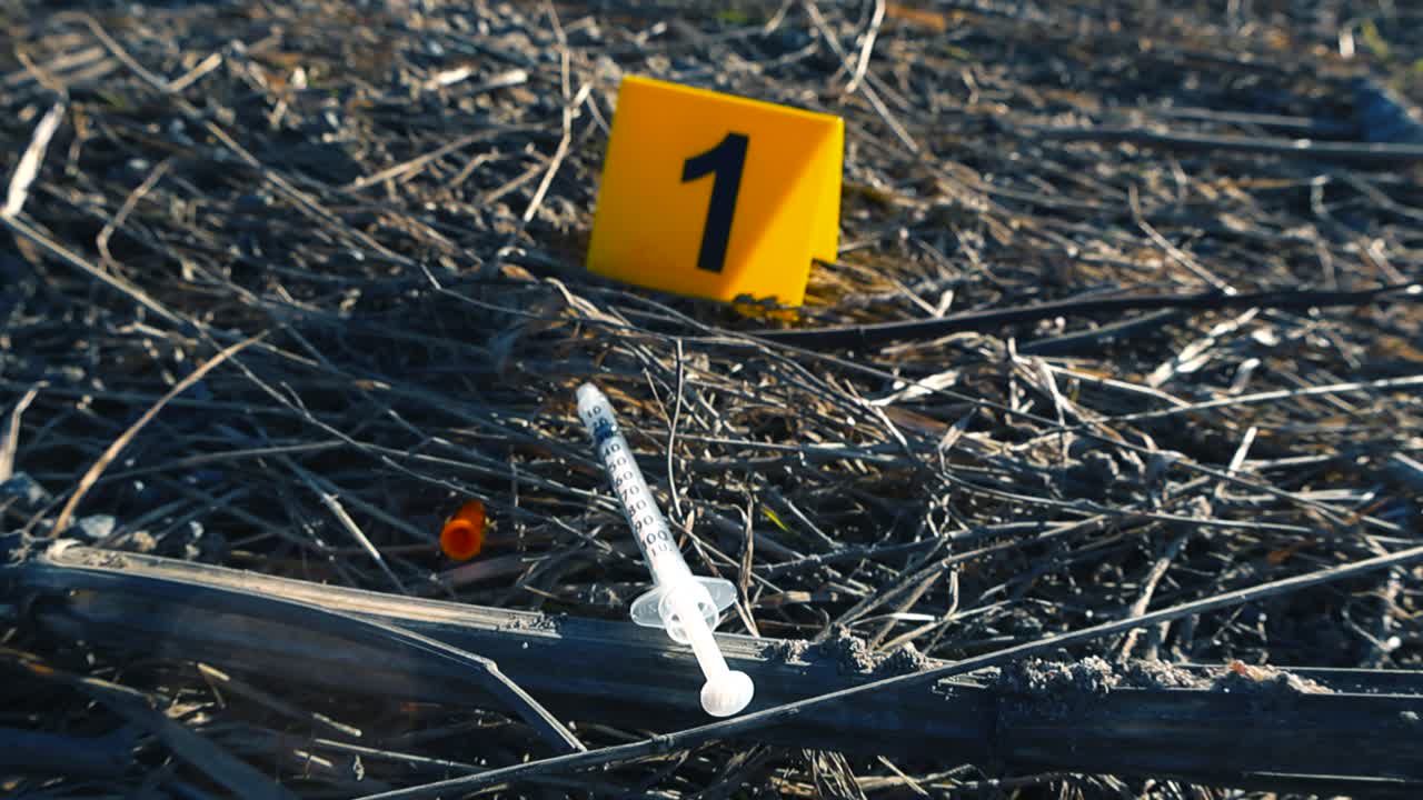 Marcatore di prova giallo numero uno posizionato a terra accanto a una siringa scartata, che potrebbe indicare una scena del crimine o un'overdose, evidenziando l'indagine forense e l'abuso di droghe.