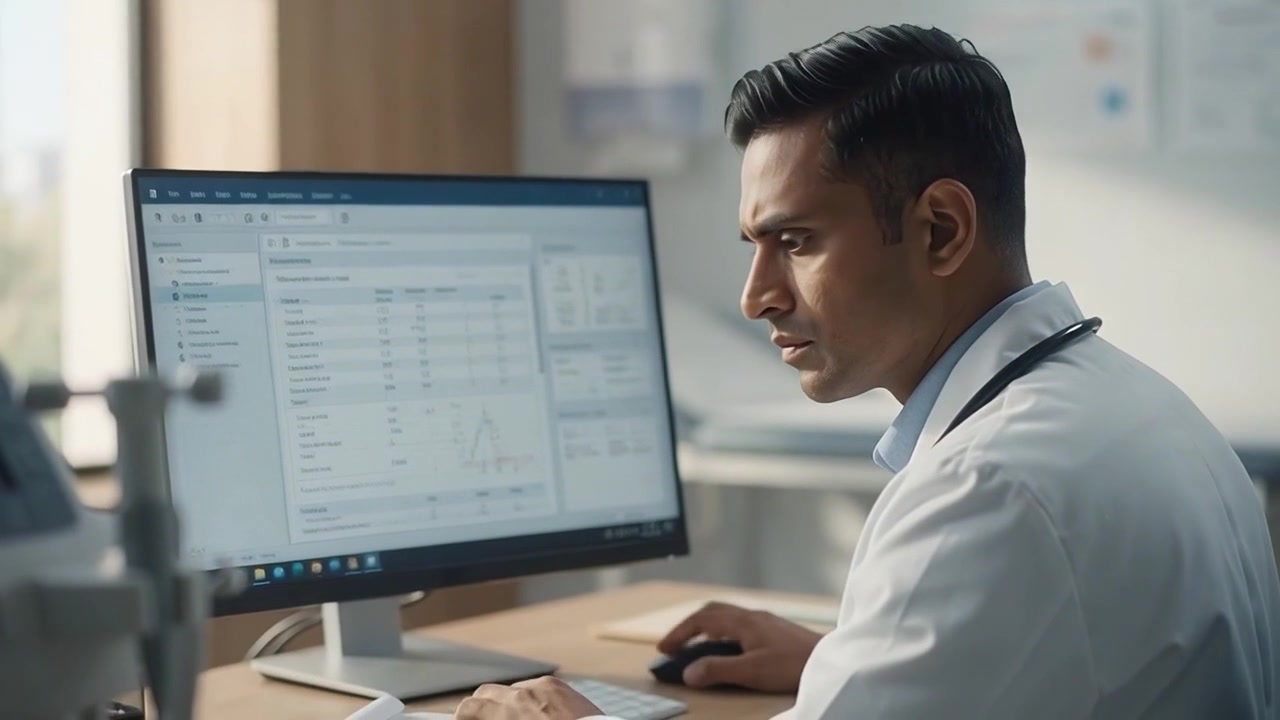 Male Doctor Reviewing Medical Data on Computer in Clinic