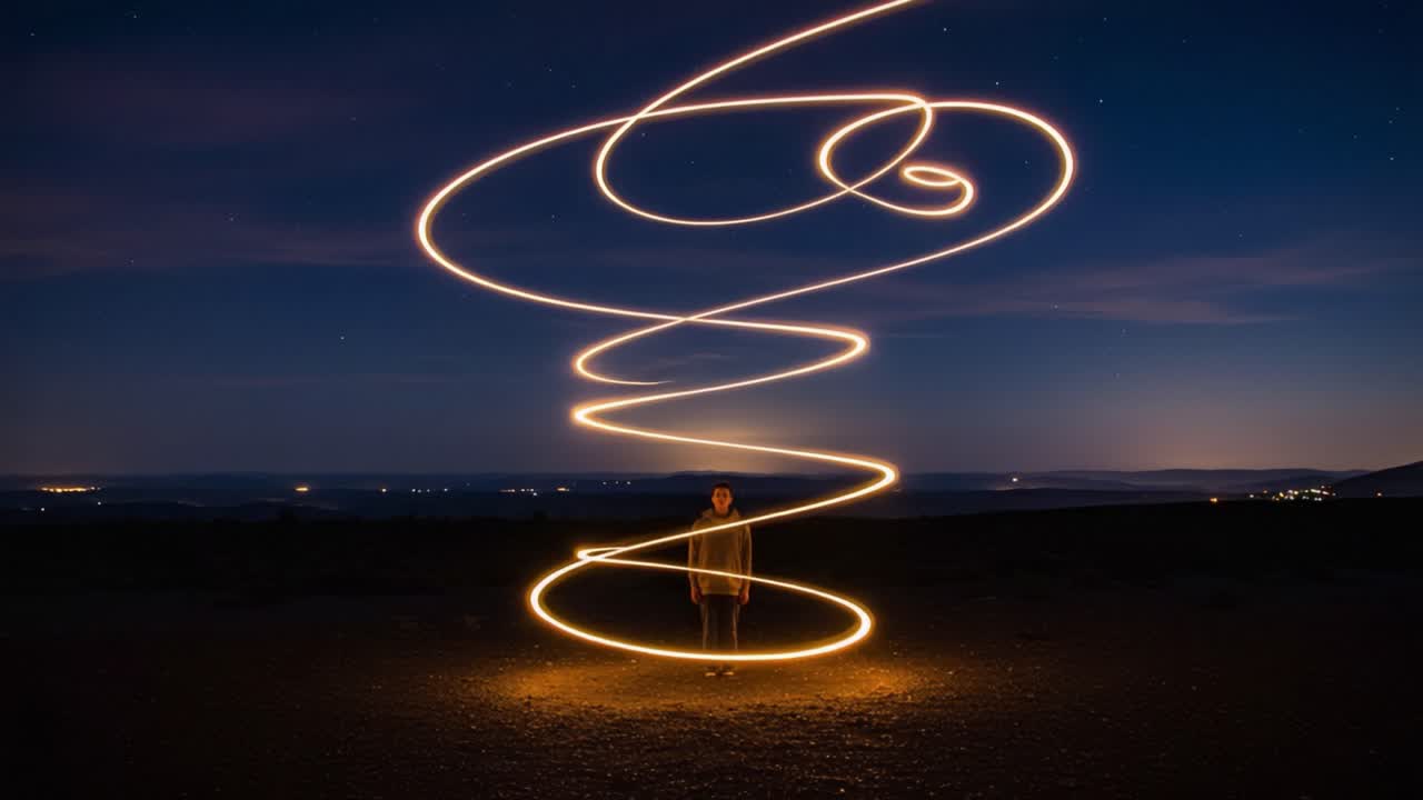 A mesmerizing display of light trails spiraling upwards, capturing the playful dance of illumination against the night sky, enchanting the landscape and creating a surreal atmosphere