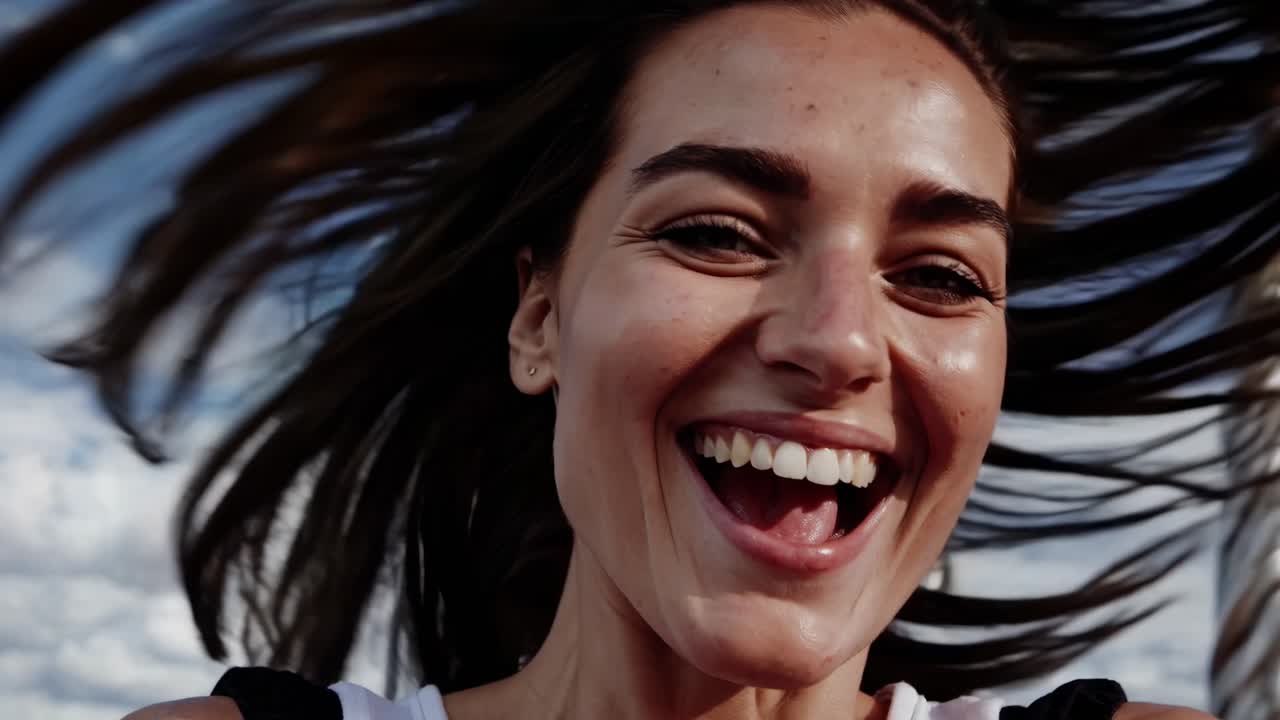 Joyful woman with flowing hair is experiencing exhilaration on a swing, capturing the essence of carefree moments and happiness in a vibrant outdoor setting