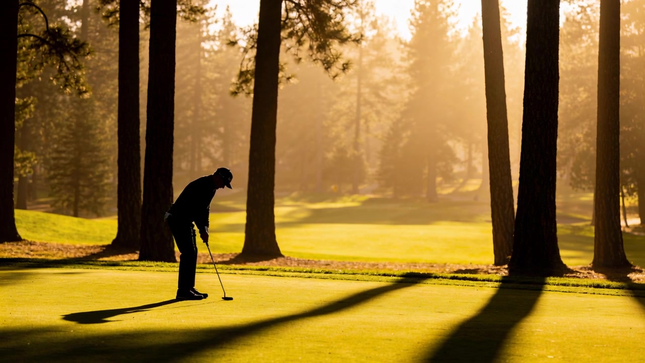 Un golfista con cappellino si prepara, allineando il putter sul putting green tra lunghe ombre di alberi, con spazio per il testo.
