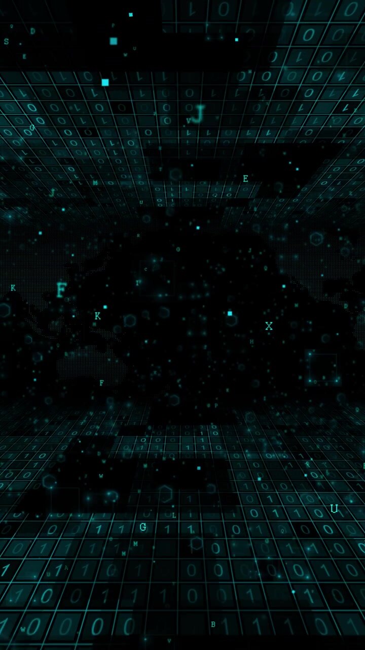 Cyber world map binary grid background with teal letters glowing data panels floating symbols and