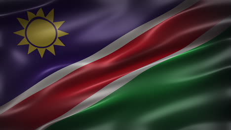 the flag of republic of namibia, full frame, front view, glossy, fluttering, elegant silky texture, waving in the wind, realistic 4k cg animation, sleek, movie-like look, seamless loop-able