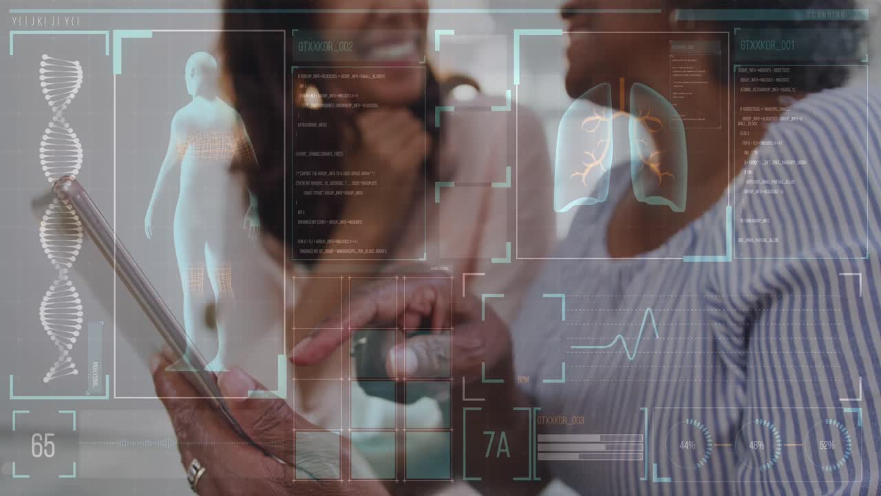 Animation of medical data processing on digital screens over two women smiling and using tablet