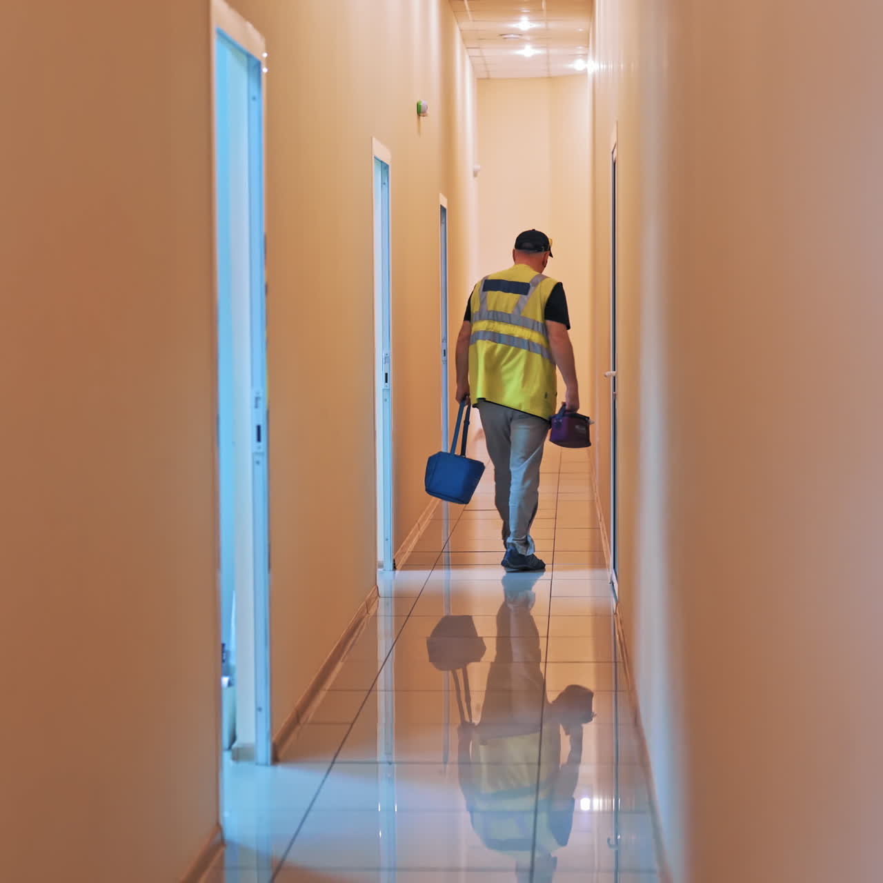Medical worker goes through the long corridor in laboratory. Back view video of a male in special vest is holding bag with sample analysis in hospital.