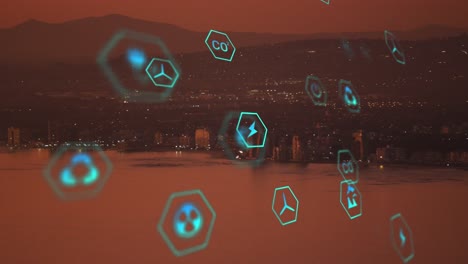animation of sustainability and ecology icons over landscape