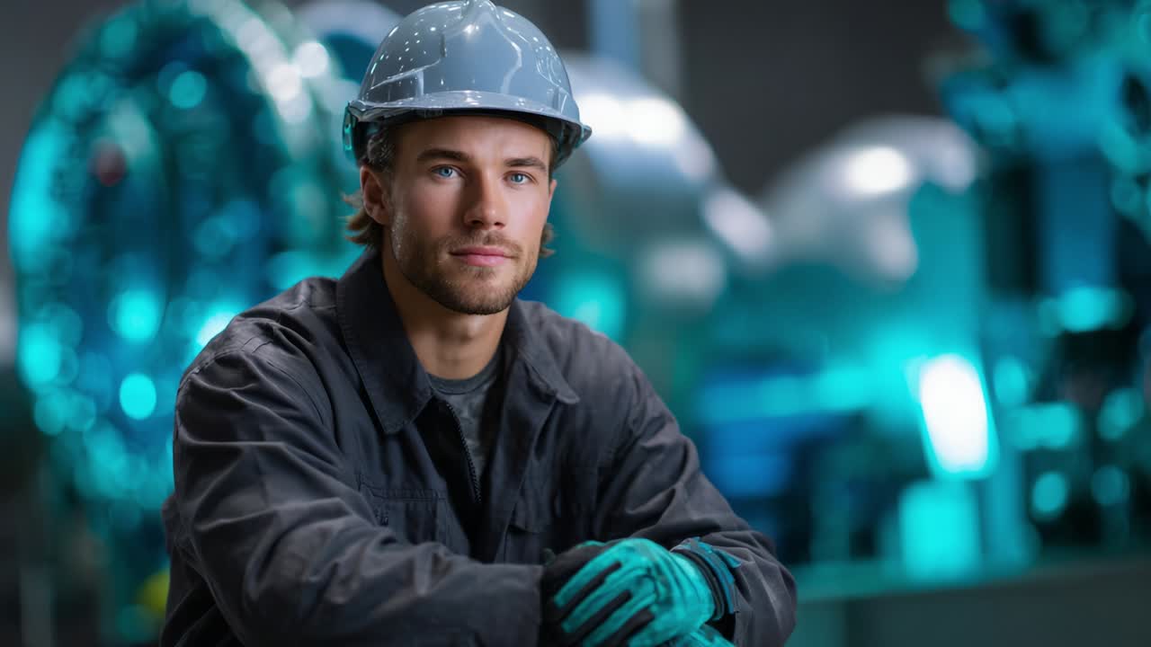 En fokuseret, ung industriarbejder sidder selvsikkert i et højteknologisk anlæg iført en grå hat og blå handsker og udstråler professionalisme midt i avancerede maskiner, der viser teamwork og innovation i aktion.