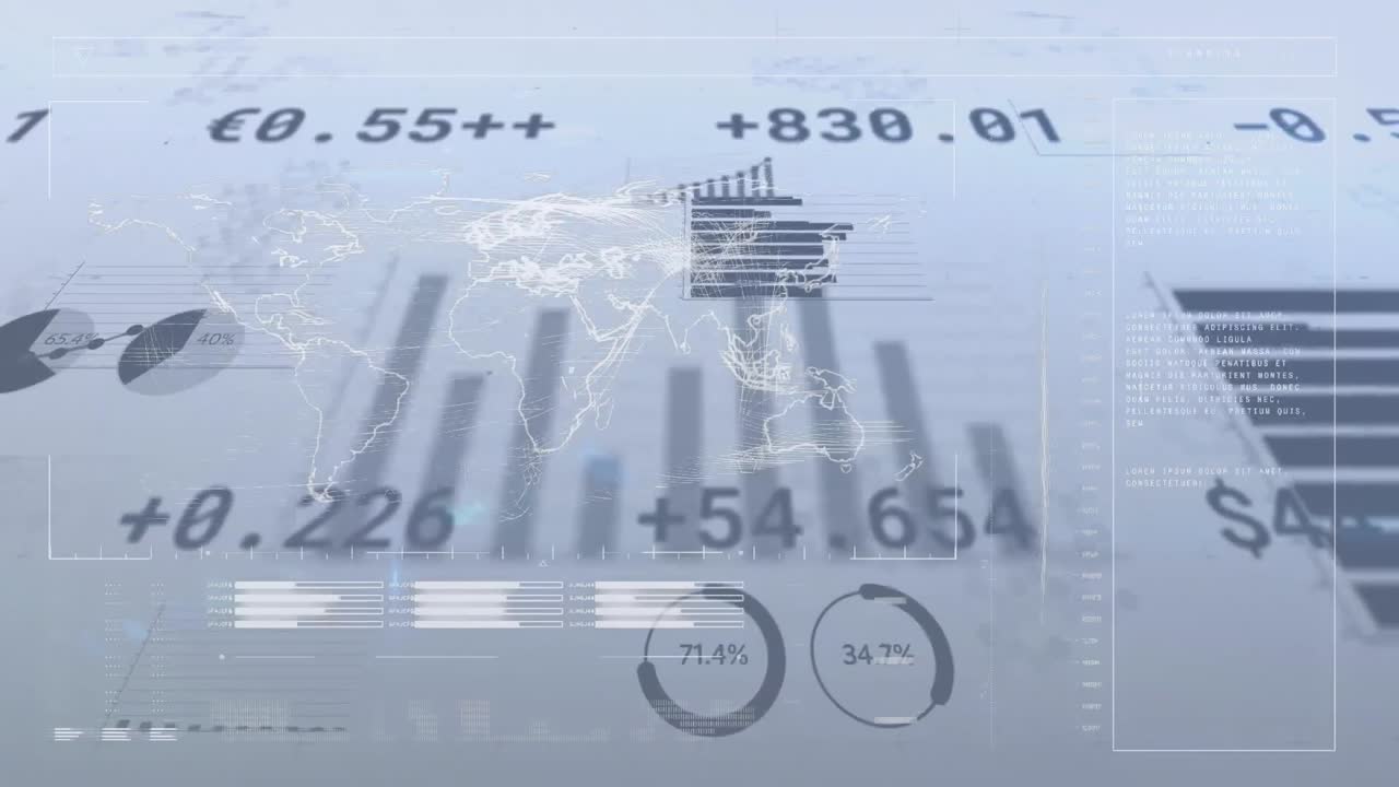 Animation of multiple graphs and currency signs with numbers over map