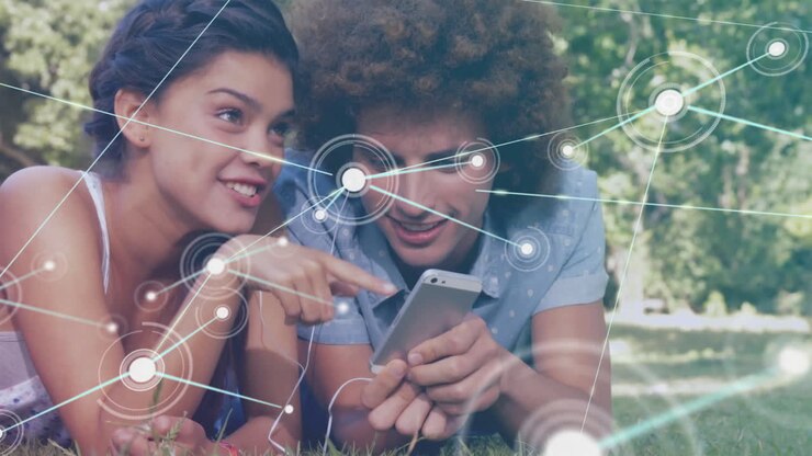 Using smartphone outdoors, people with network connections animation