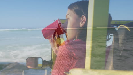 in animation, woman drinking in vehicle with man running on beach overlay
