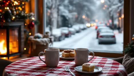 cozy winter morning with coffee and pastries by the window