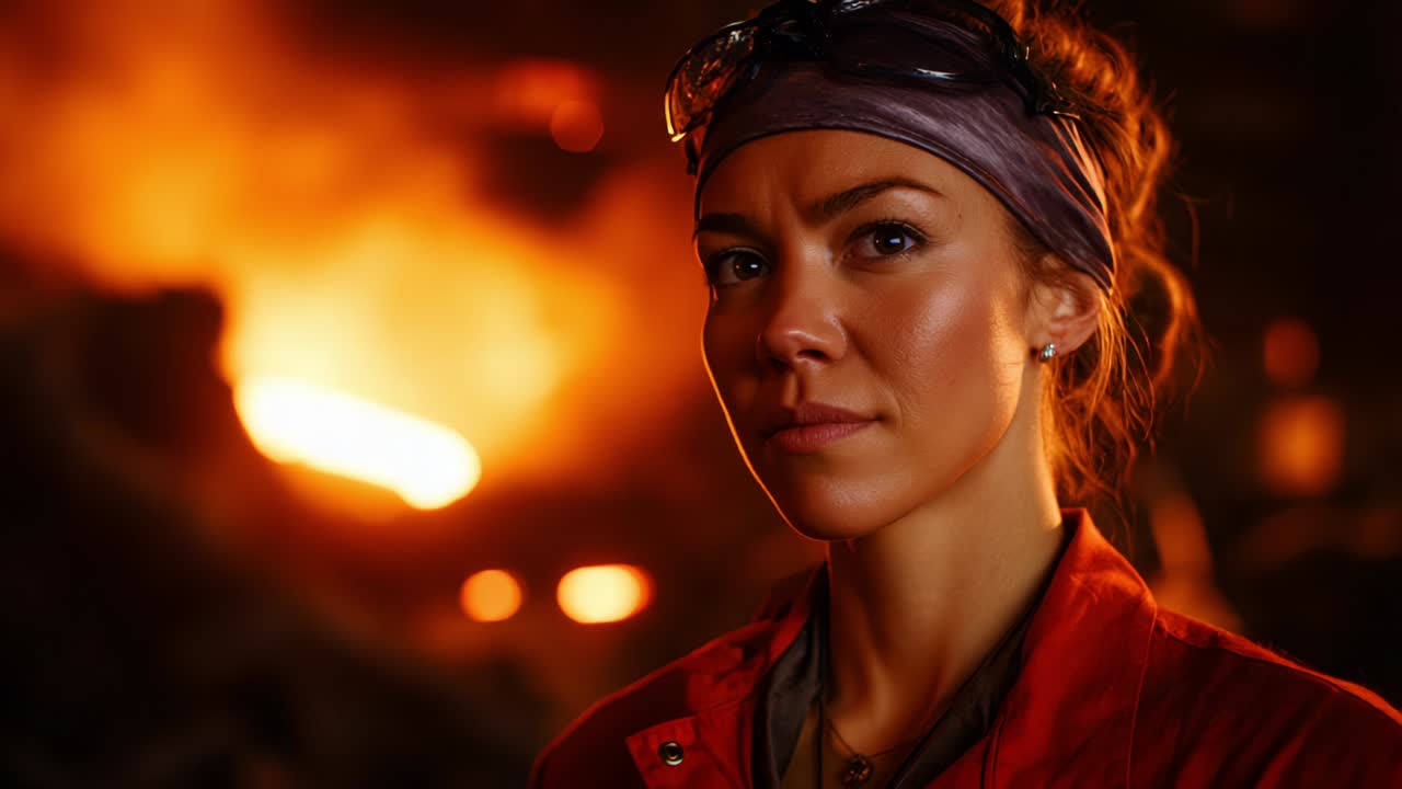 A Portrait of Determination: Capturing the Resolve and Grit of a Female Worker Amidst an Industrial Background of Fiery Furnaces and Glowing Embers, Symbolizing Strength and Resilience in Challenging Environments