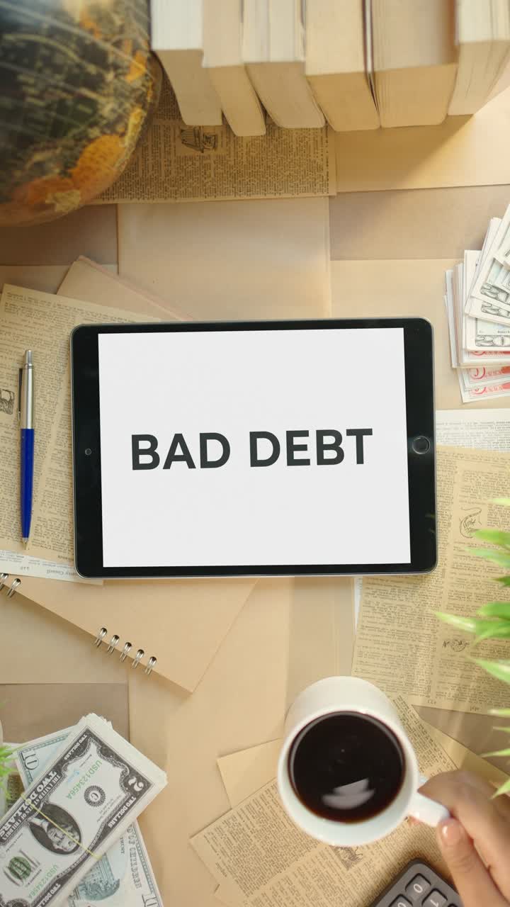 VERTICAL VIDEO OF BAD DEBT DISPLAYING ON FINANCE TABLET SCREEN