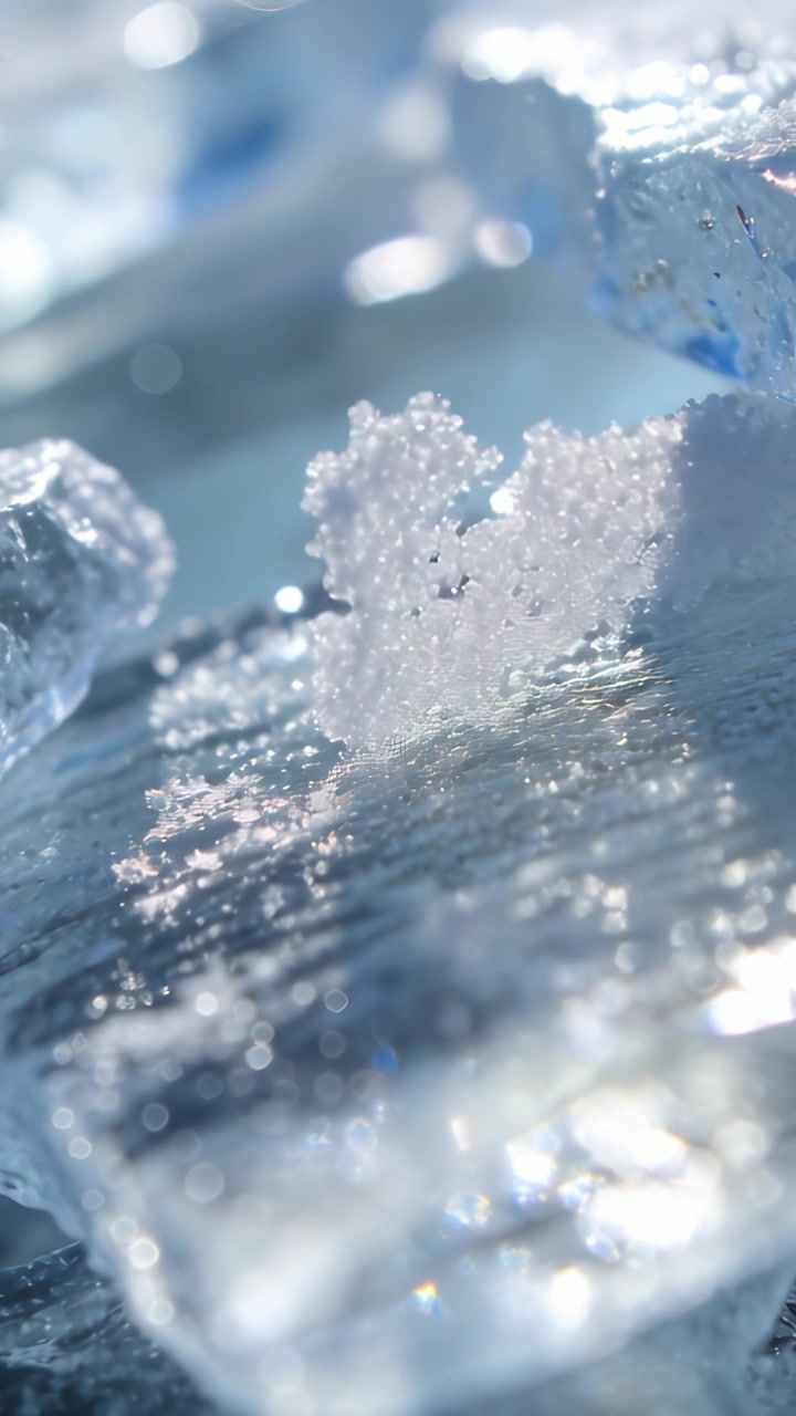 Vertical video: Lifting after slight shift, granular cluster sliding across translucent ice slab