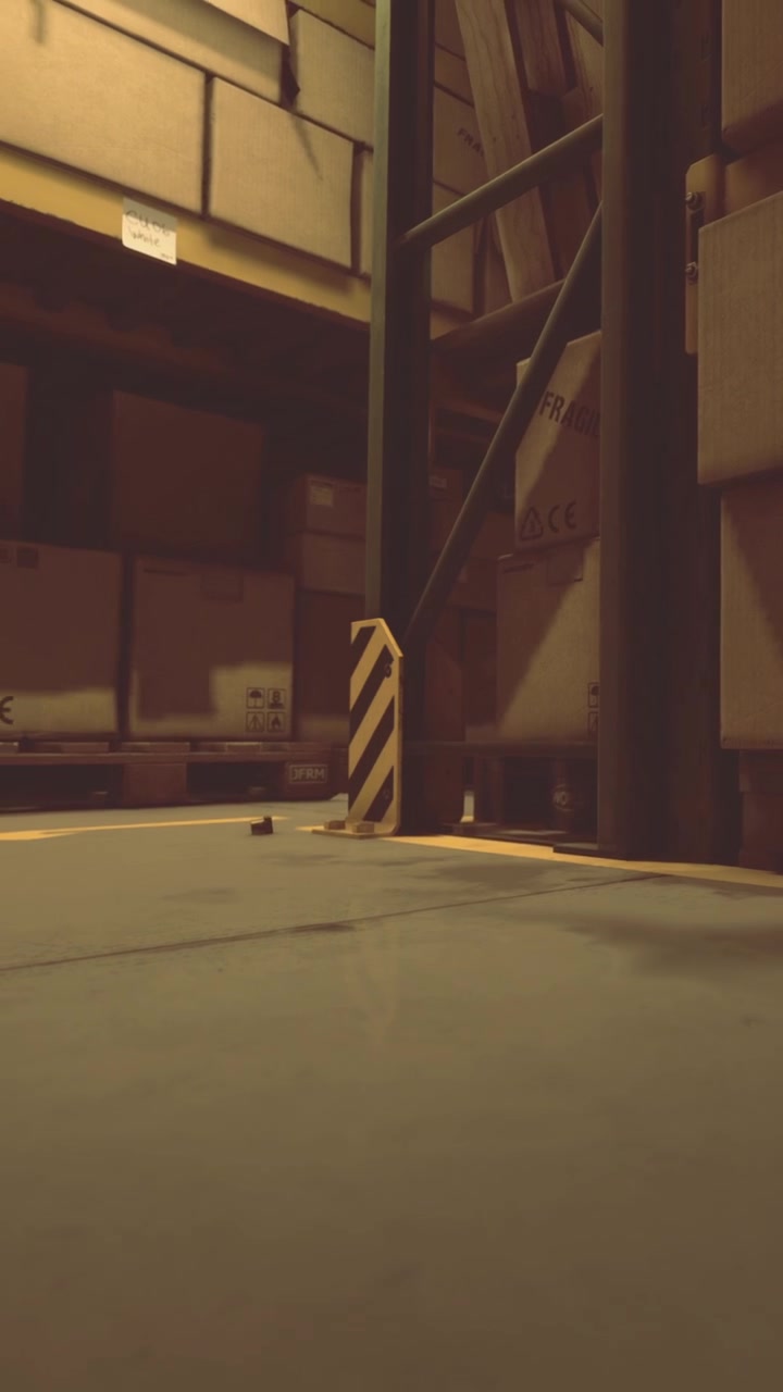 Journey through a quiet warehouse filled with stacked boxes and shadows