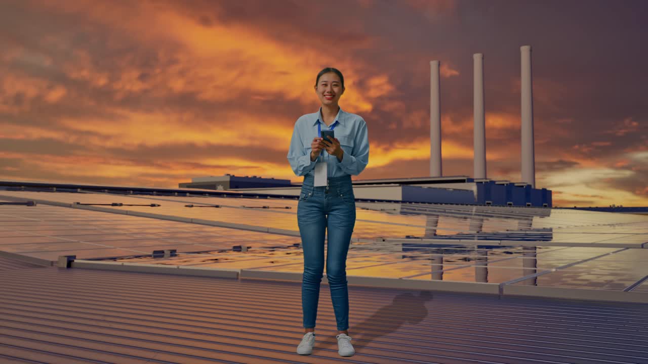 Corpo intero di una donna asiatica con il suo smartphone e un sorriso, che ispeziona pannelli solari su un tetto al tramonto.