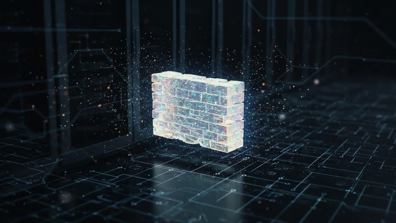 A Stunning Visualization of a Dynamic 3D Block Structure Emanating Light Particles in a High-Tech Digital Landscape