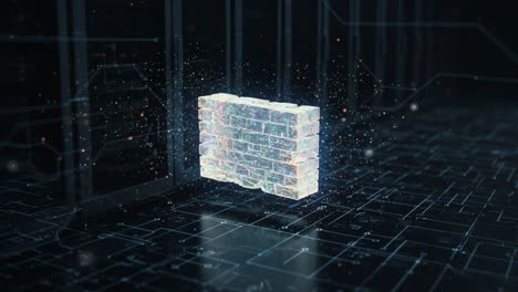 a stunning visualization of a dynamic 3d block structure emanating light particles in a high-tech digital landscape
