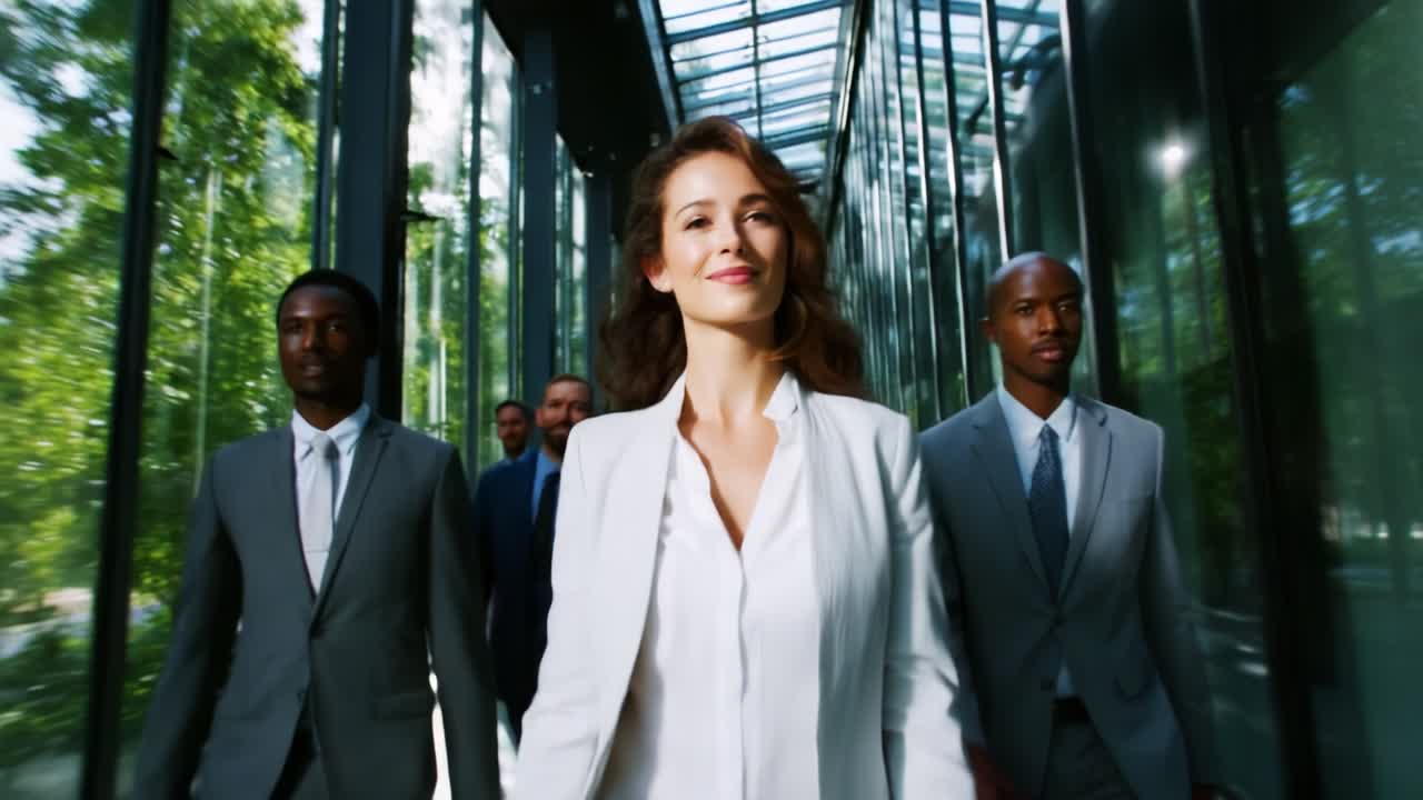 A confident woman leads a diverse group of professionals through a modern glass-walled corridor, exuding strength, poise, and determination as they navigate their business environment