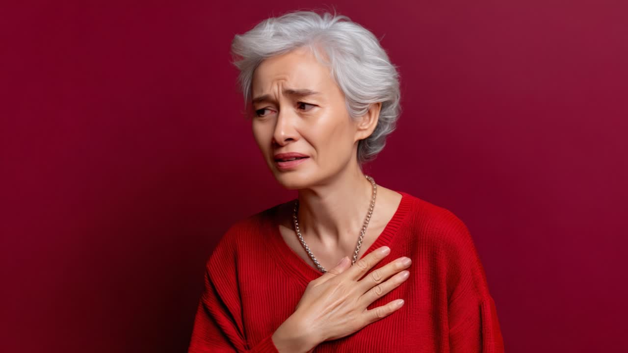 An Emotional Moment: A Mature Woman Expresses Concern with a Worrying Expression, Caught in a Reflexive Gesture, Against a Deep Red Background