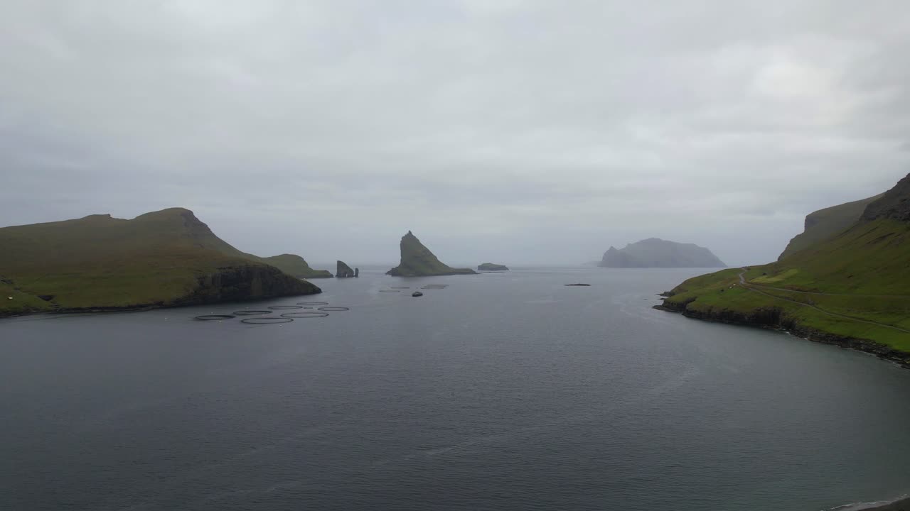대서양, 페로 제도 에 있는 연어 농장 앞 에 있는 해양 연어, 틴돌무르, 마이키네스