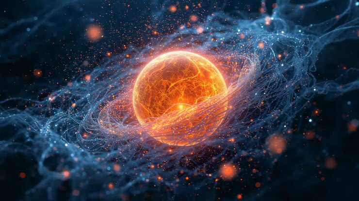 Emerging glowing orange sphere pulsing with blue filaments and drifting particles in dark space