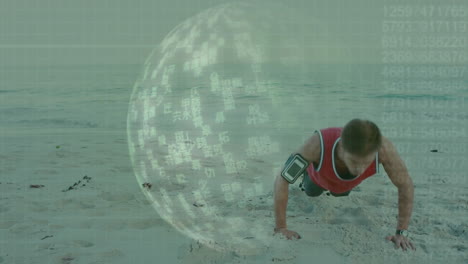 digital data sphere animation over man doing push-ups on sandy beach