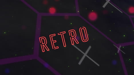 animation of retro text banner over round scanners and neon triangular tunnel in seamless pattern