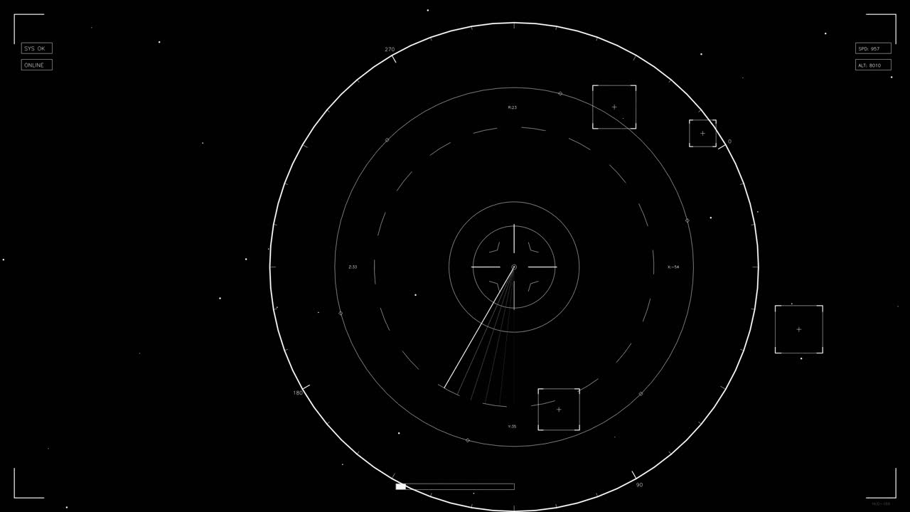 A HUD element for a science fiction setting. It features lines and circles that indicate motion and position in a dark background. It is useful for video and web design