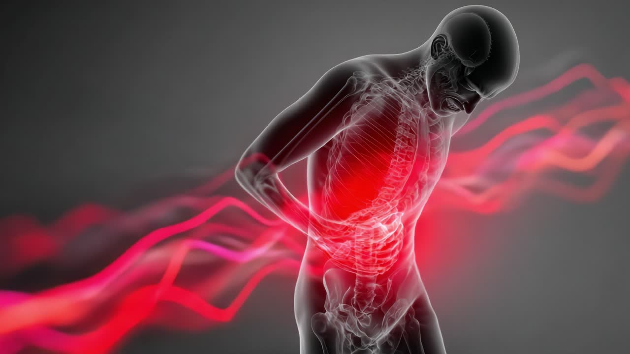Representação visual da dor interna: Um estudo anatômico do corpo humano em luta contra o desconforto, destacando os efeitos da dor através de movimento radiante e cores vívidas.