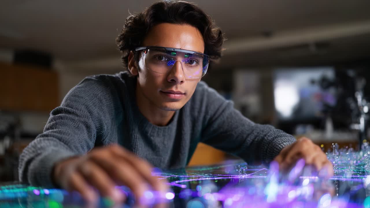 Udforskning af digitale innovationer: En ung mand bruger interaktiv teknologi, analyserer data og skaber visuelle elementer via forbedrede reality-interfaces