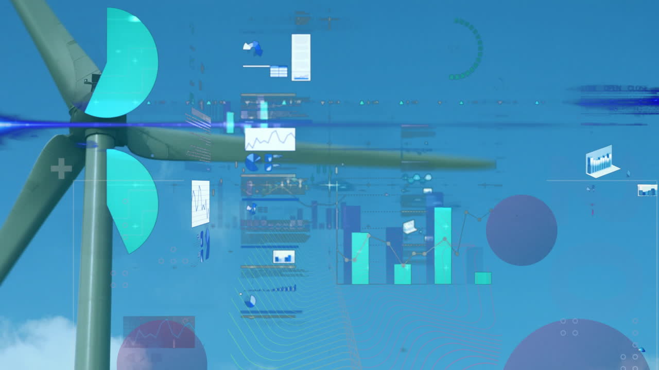 Animation of wind turbine with data analytics graphics and charts on blue background