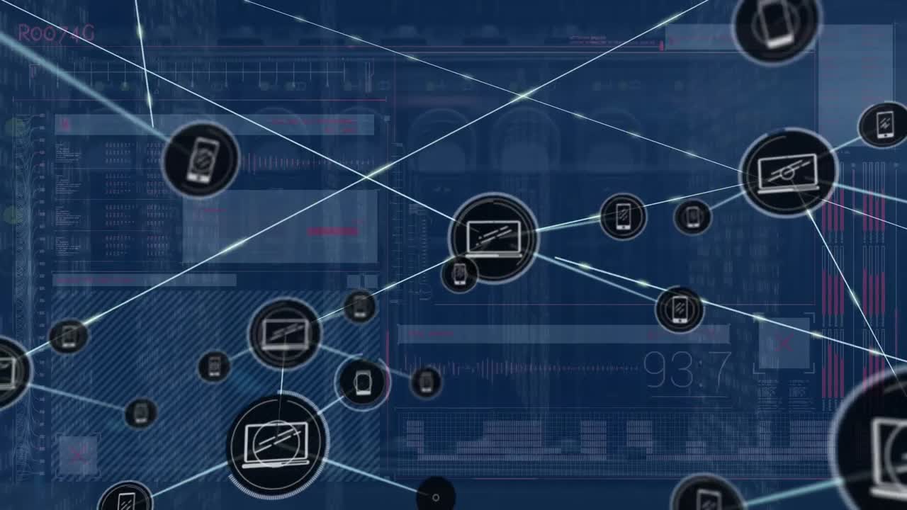 애니메이션 컴퓨터 네트워크, 통계 데이터에 대한 라인과 연결되는 모바일 아이콘