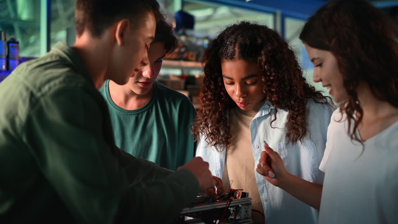 Group of young people doing experiments in robotics in a laboratory. Robot on the table