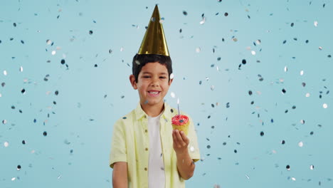 happy birthday, child and portrait with confetti