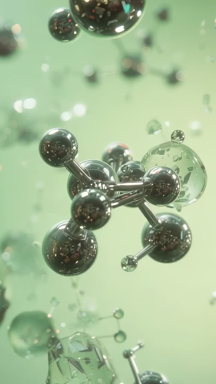 Vertical video: Animation starting molecule of metallic spheres rotating in green void, with drops