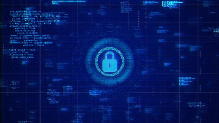 Visuale di un lucchetto blu per la protezione dei dati con icona di sicurezza centrale, anelli di interfaccia luminosi e sfondo di codice.