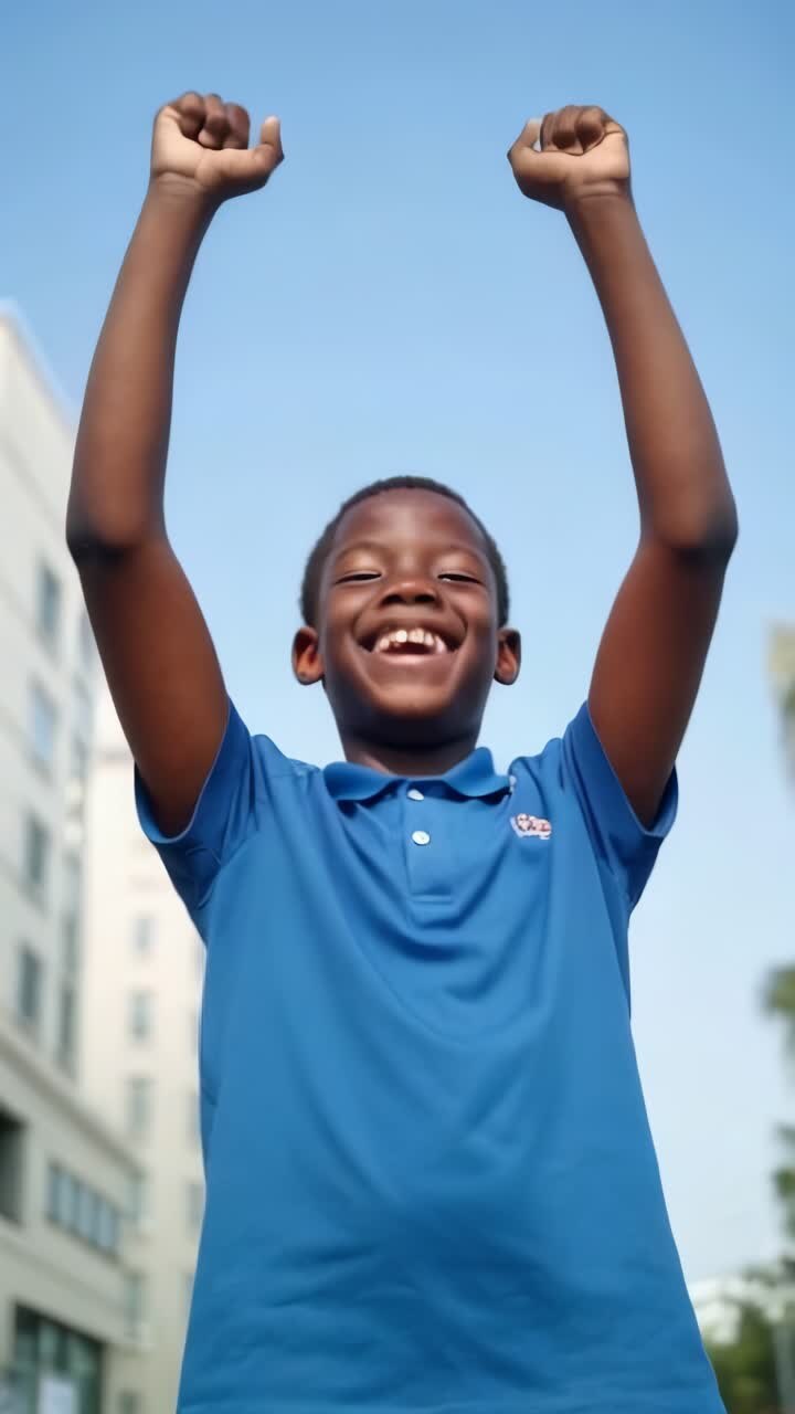 Bambino afro felice con le braccia alzate per i suoi successi.