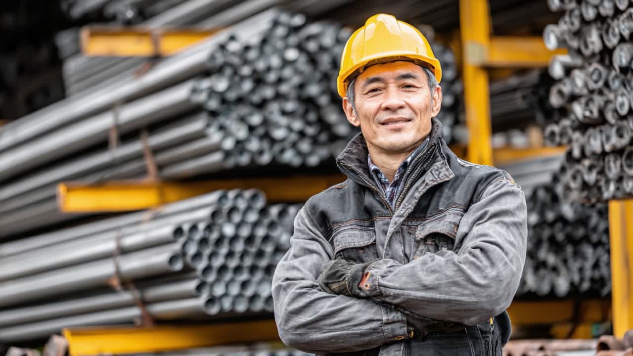 Un lavoratore fiducioso con indumenti protettivi posa tra pile di tubi d'acciaio, evidenziando sicurezza e professionalità in contesti industriali.