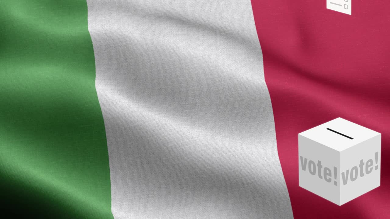 Ballots fly to box for Italy selection - Ballot box in front of flag - Election - Vote - Flag Of Italy - Italy Flag High Detail - National flag Italy wave Pattern loopable Elements - Fabric texture and endless loop